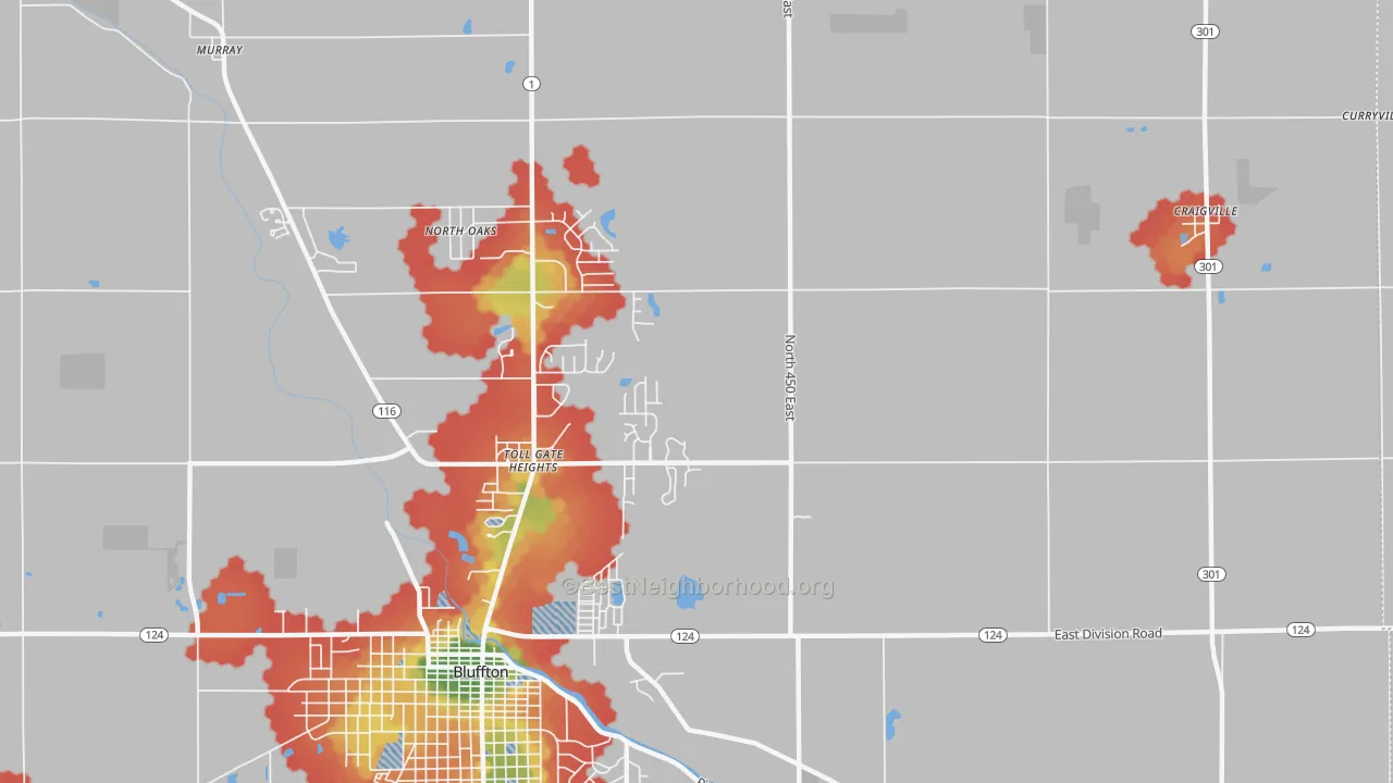 Walk Grade map of Toll Gate Heights, IN, walkable areas in green and car-dependent areas in red