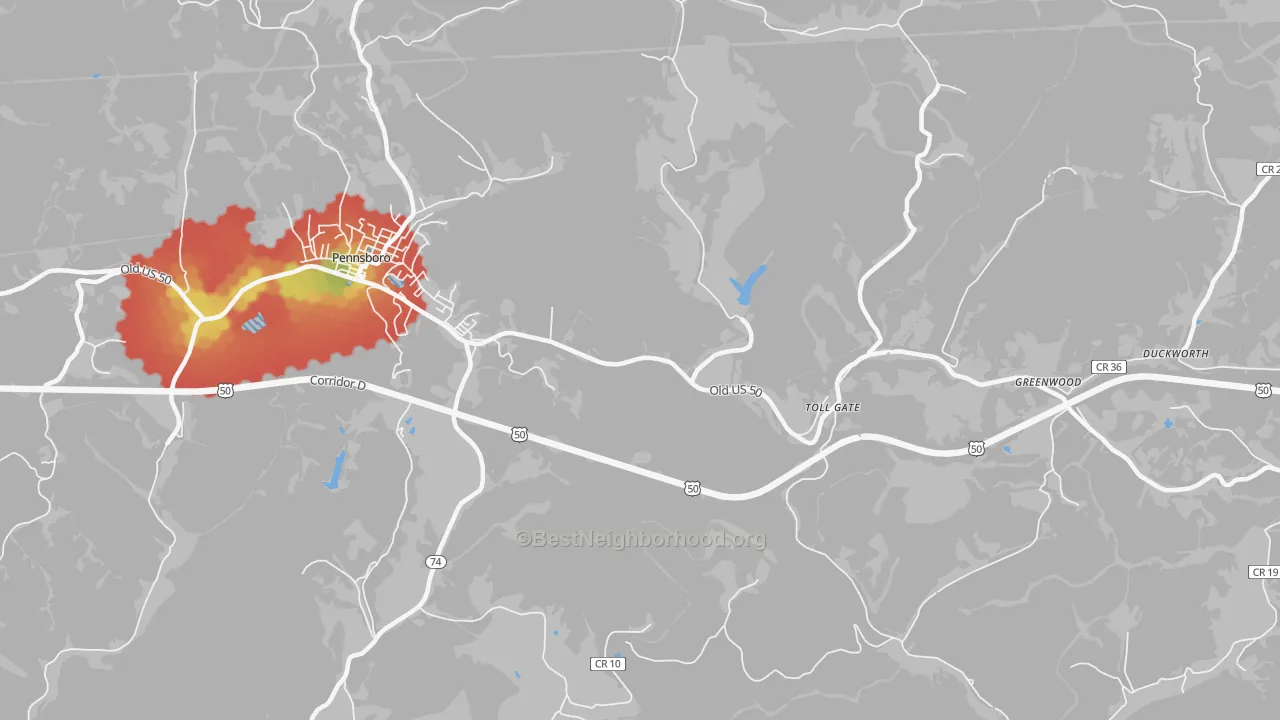 Walk Grade map of Toll Gate, WV, walkable areas in green and car-dependent areas in red