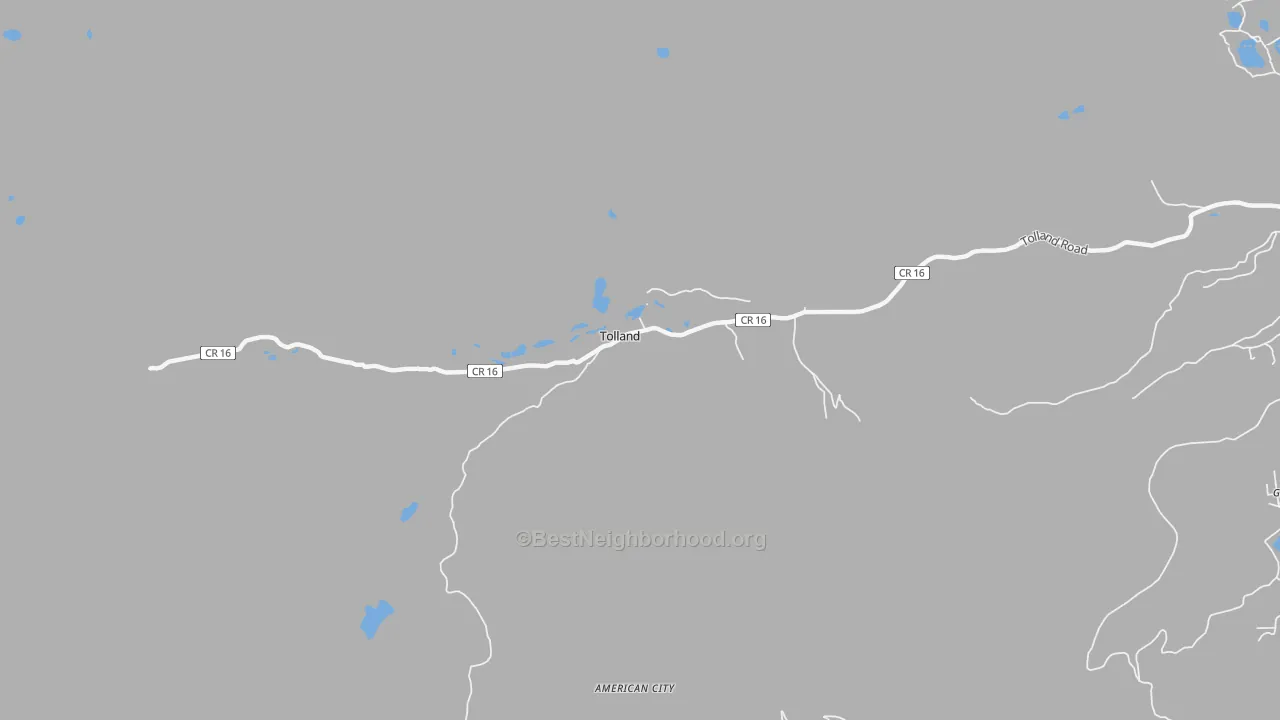 Walk Grade map of Tolland, CO, walkable areas in green and car-dependent areas in red