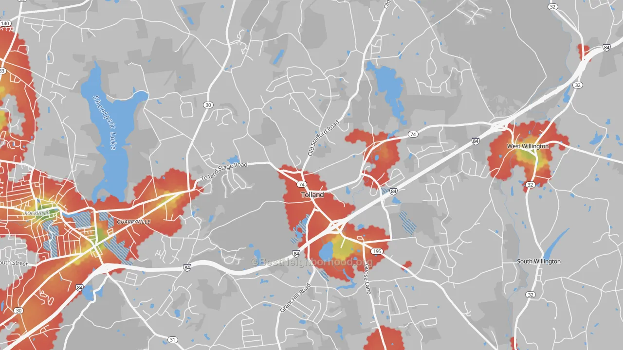 Walk Grade map of Tolland, CT, walkable areas in green and car-dependent areas in red