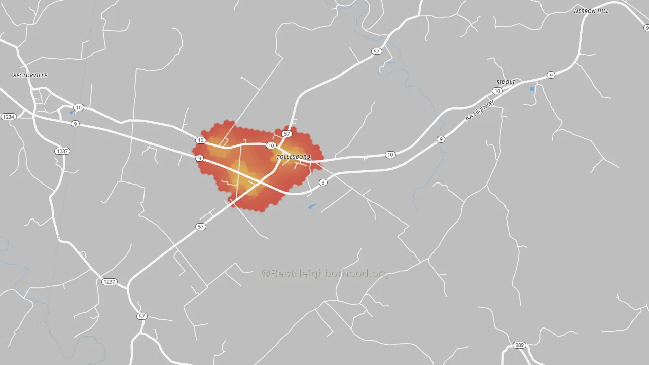 Walk Grade map of Tollesboro, KY, walkable areas in green and car-dependent areas in red