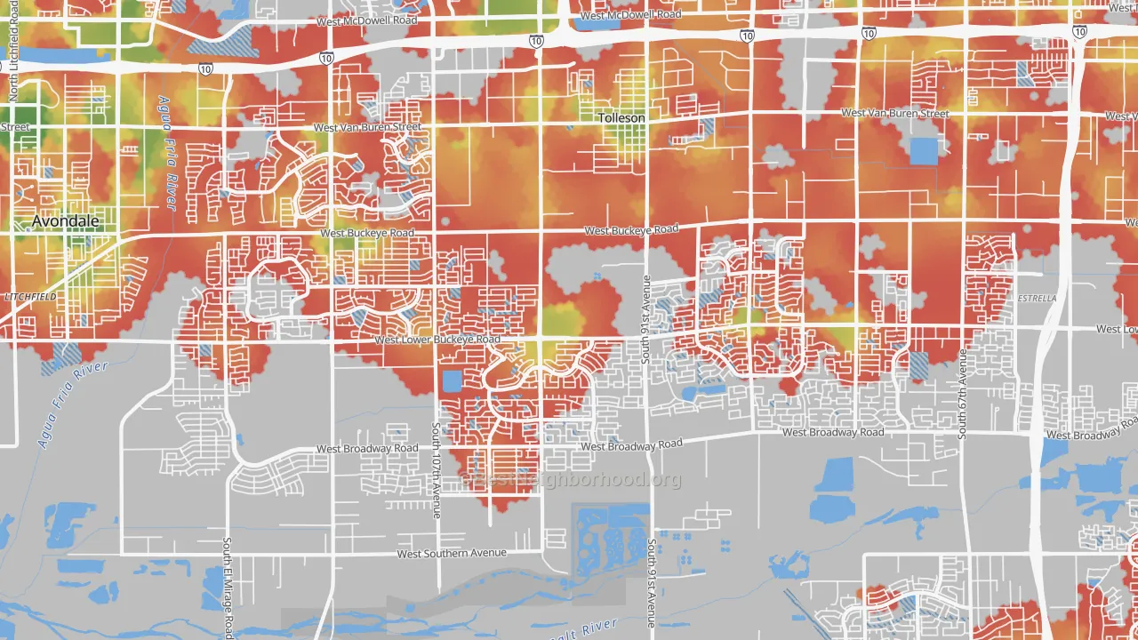 Walk Grade map of Tolleson, AZ, walkable areas in green and car-dependent areas in red