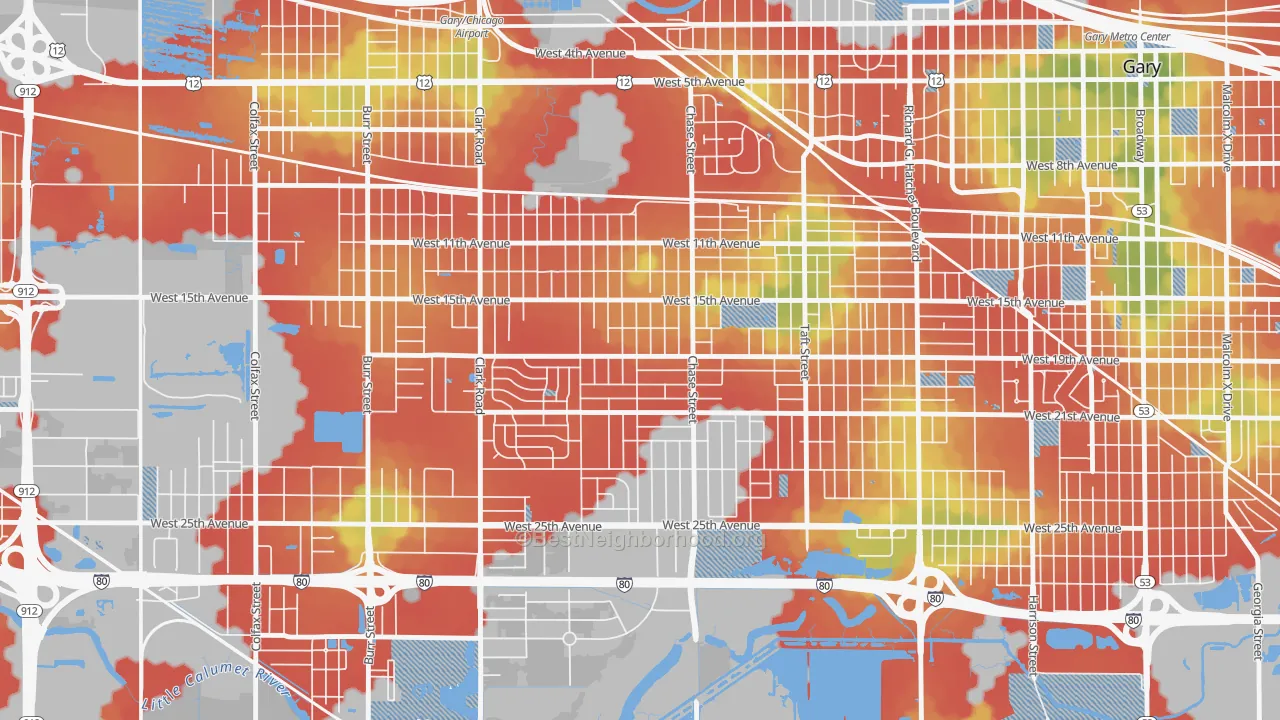 Walk Grade map of Tolleston, Gary, IN, walkable areas in green and car-dependent areas in red