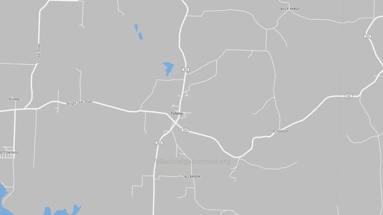 Walk Grade map of Tollette, AR, walkable areas in green and car-dependent areas in red