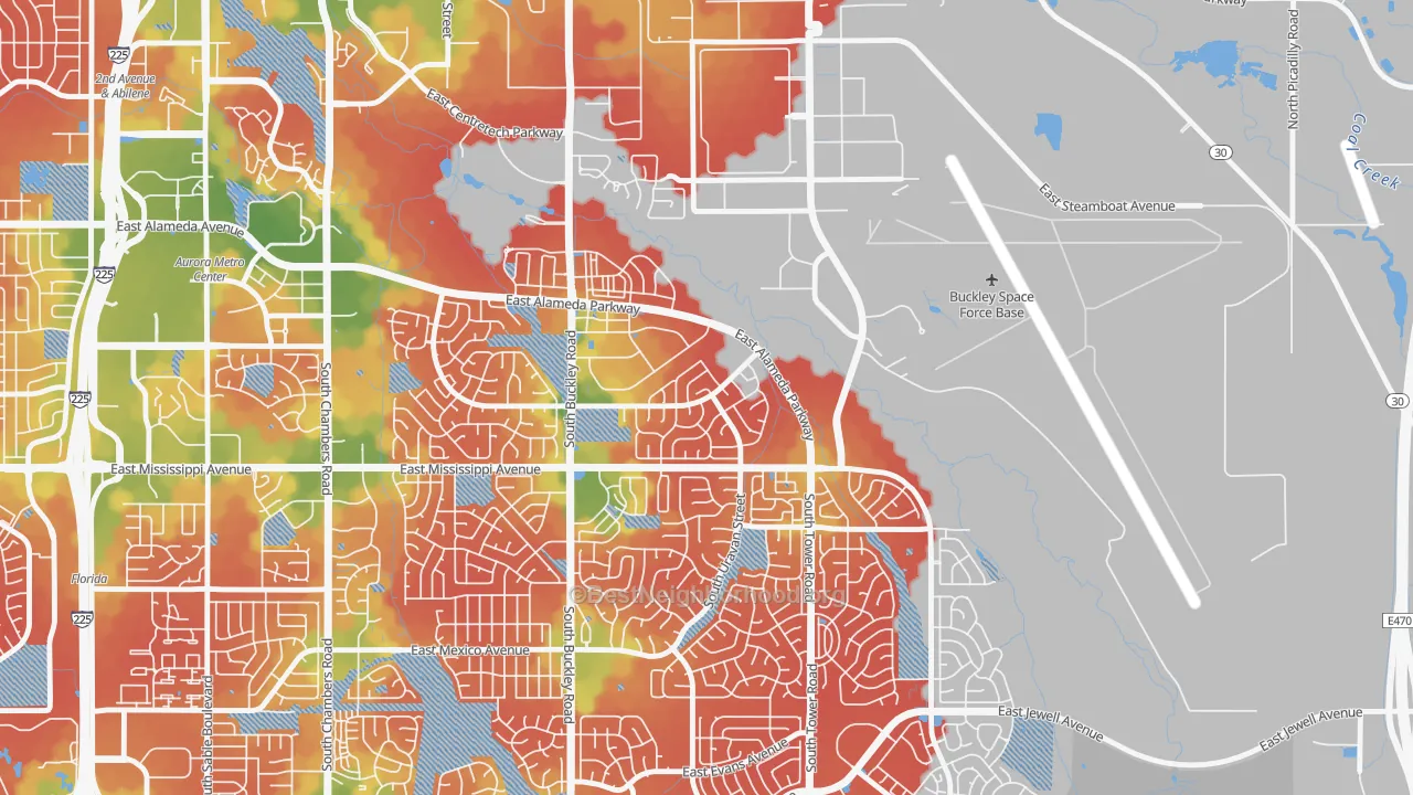 Walk Grade map of Tollgate Overlook, Aurora, CO, walkable areas in green and car-dependent areas in red