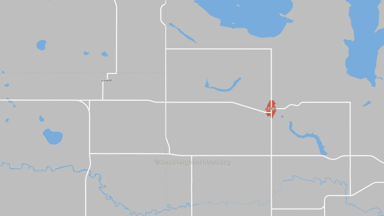 Walk Grade map of Tolna, ND, walkable areas in green and car-dependent areas in red
