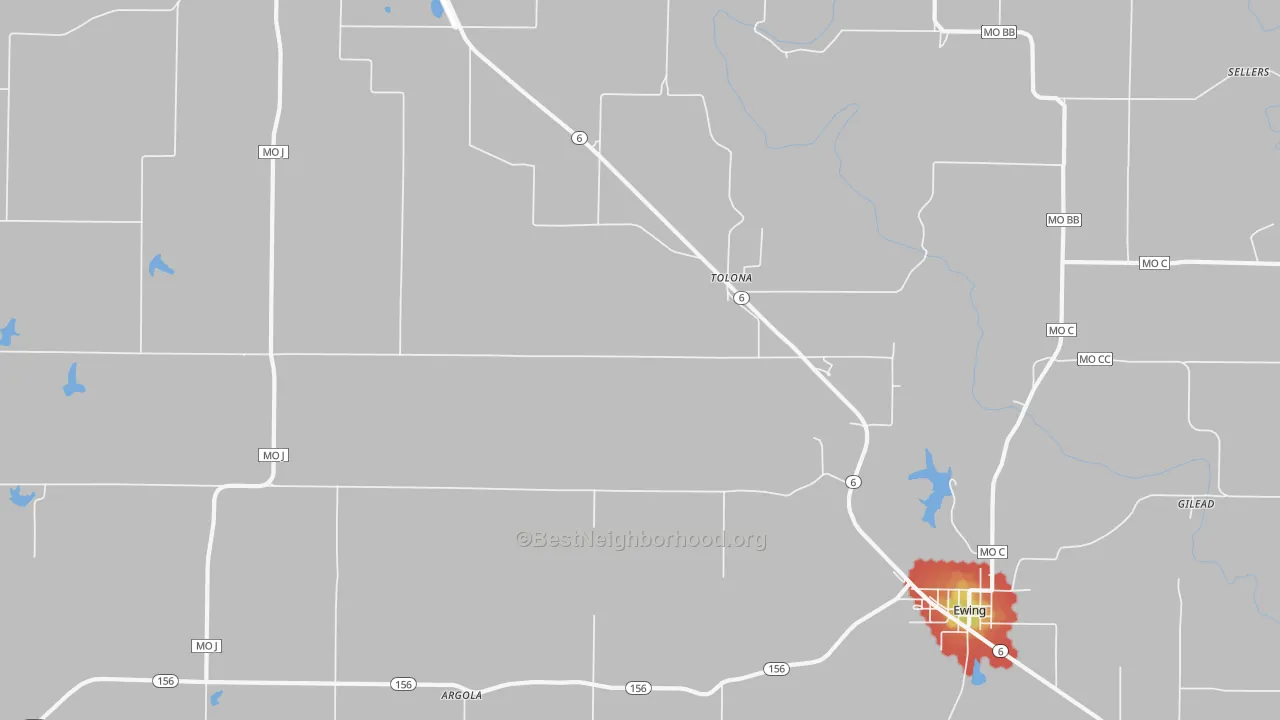 Walk Grade map of Tolona, MO, walkable areas in green and car-dependent areas in red