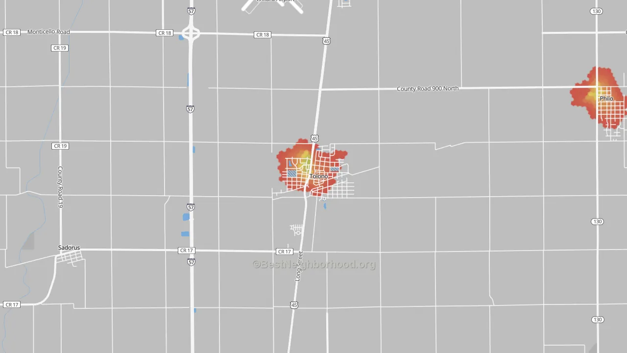 Walk Grade map of Tolono, IL, walkable areas in green and car-dependent areas in red