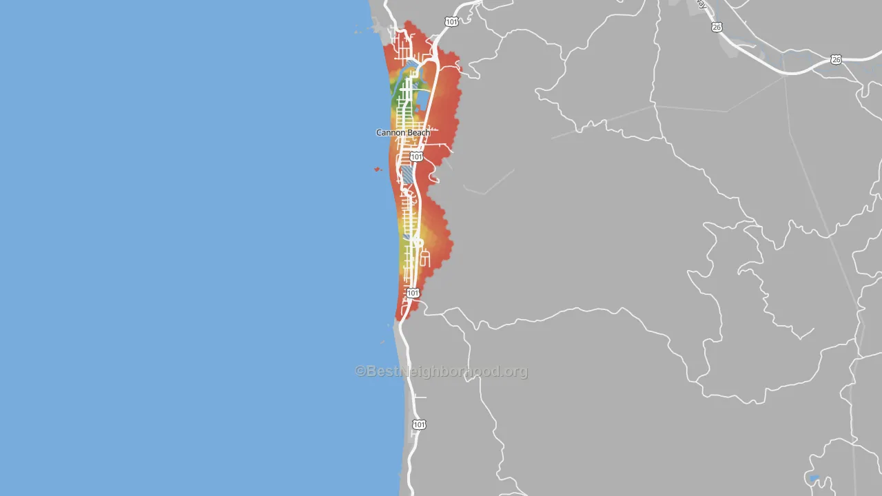 Walk Grade map of Tolovana Park, OR, walkable areas in green and car-dependent areas in red