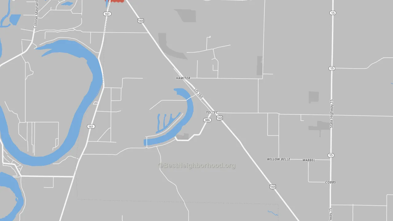 Walk Grade map of Toltec, AR, walkable areas in green and car-dependent areas in red