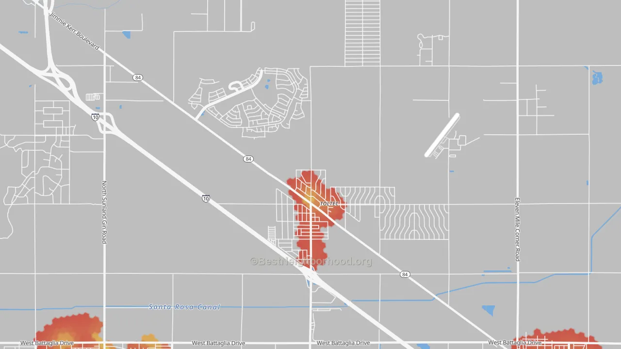 Walk Grade map of Toltec, AZ, walkable areas in green and car-dependent areas in red