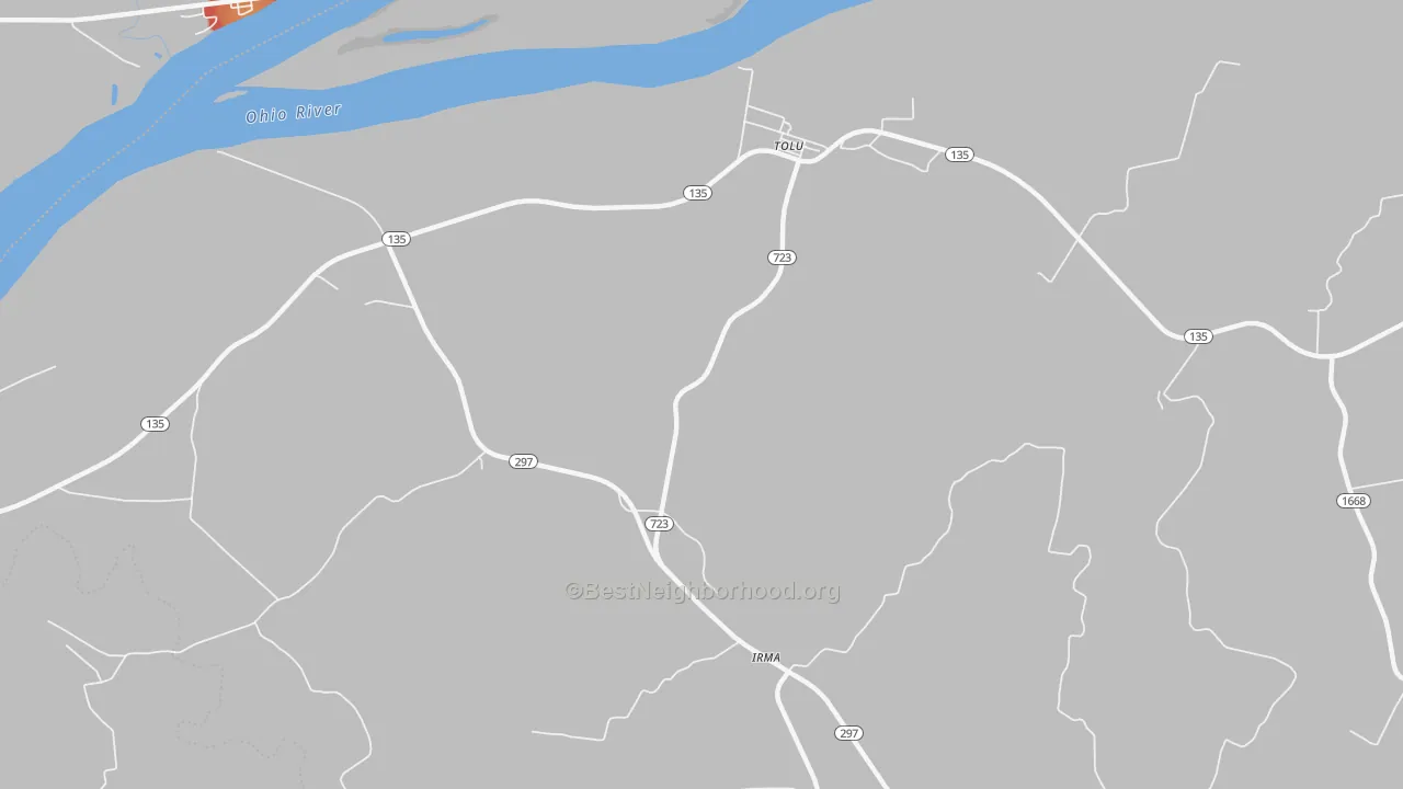 Walk Grade map of Tolu, KY, walkable areas in green and car-dependent areas in red