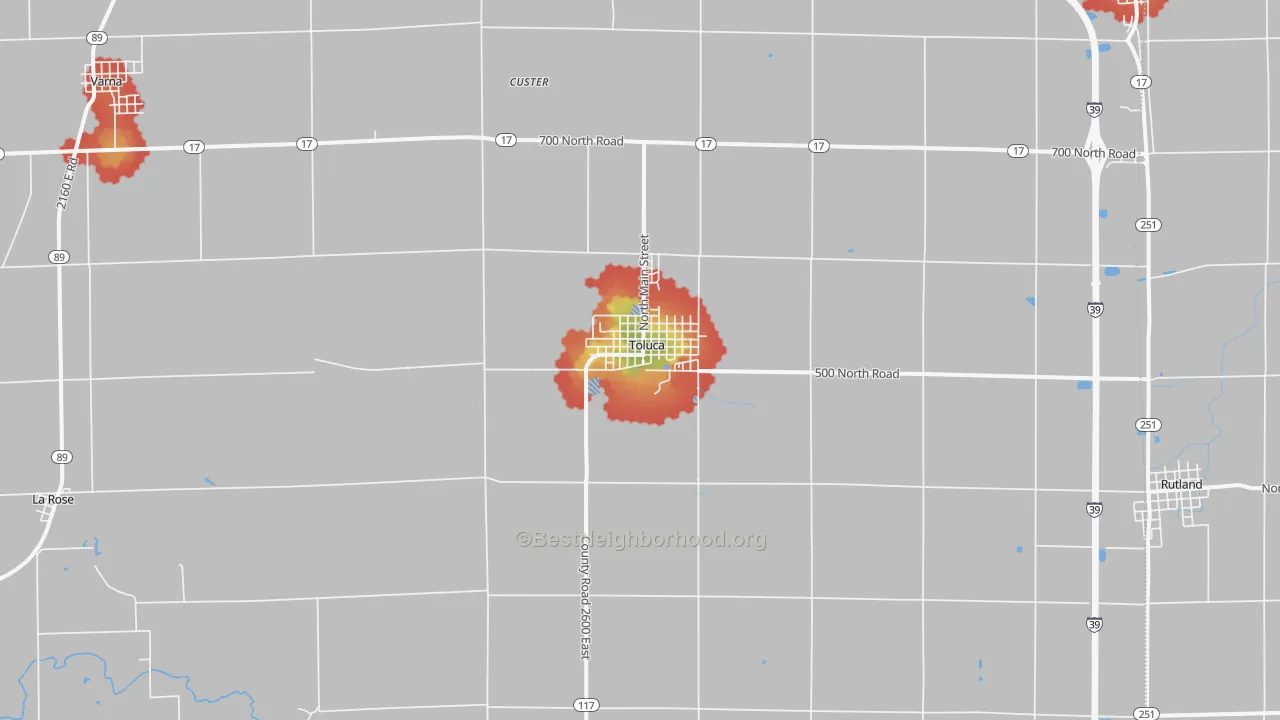 Walk Grade map of Toluca, IL, walkable areas in green and car-dependent areas in red