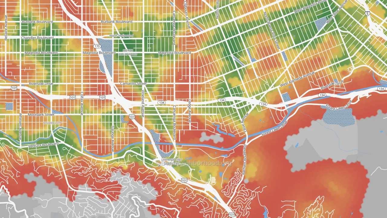 Walk Grade map of Toluca Lake, North Hollywood, CA, walkable areas in green and car-dependent areas in red