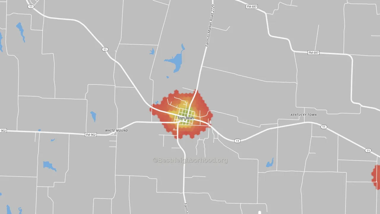 Walk Grade map of Tom Bean, TX, walkable areas in green and car-dependent areas in red