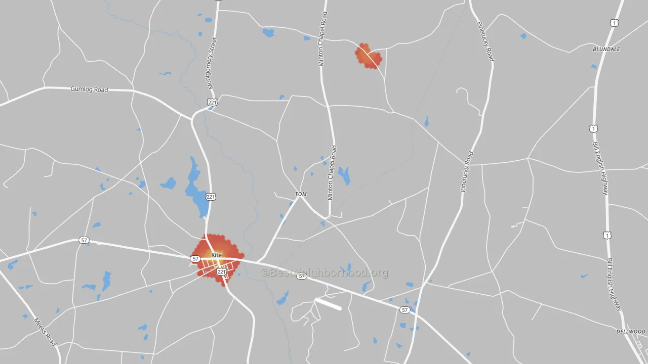 Walk Grade map of Tom, GA, walkable areas in green and car-dependent areas in red