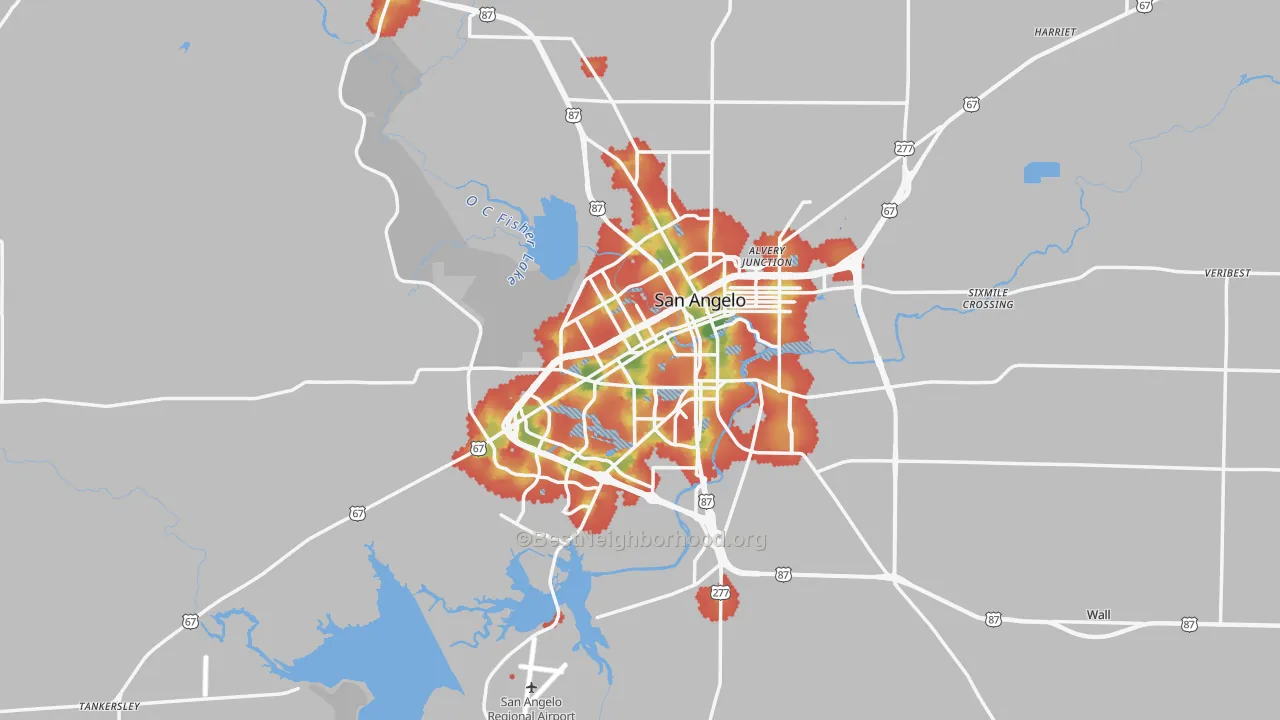 Walk Grade map of Tom Green County, TX, walkable areas in green and car-dependent areas in red