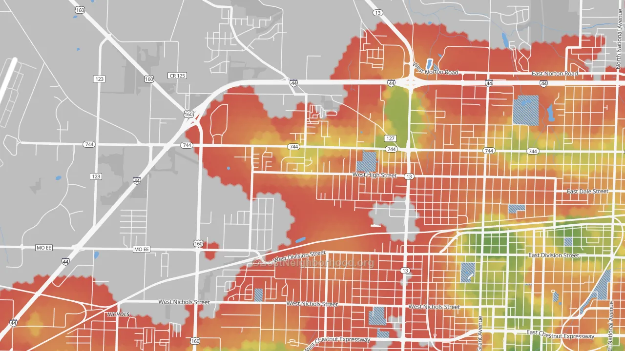 Walk Grade map of Tom Watkins, Springfield, MO, walkable areas in green and car-dependent areas in red