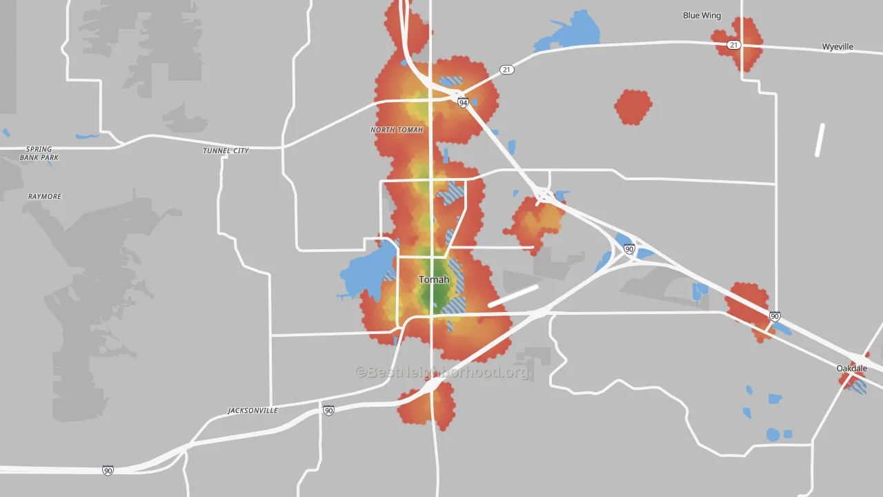 Walk Grade map of Tomah, WI, walkable areas in green and car-dependent areas in red