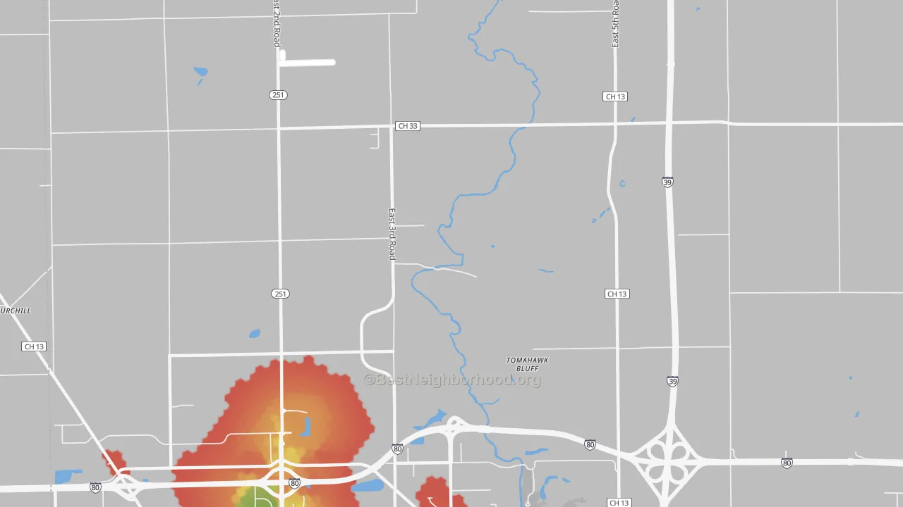 Walk Grade map of Tomahawk Bluff, IL, walkable areas in green and car-dependent areas in red