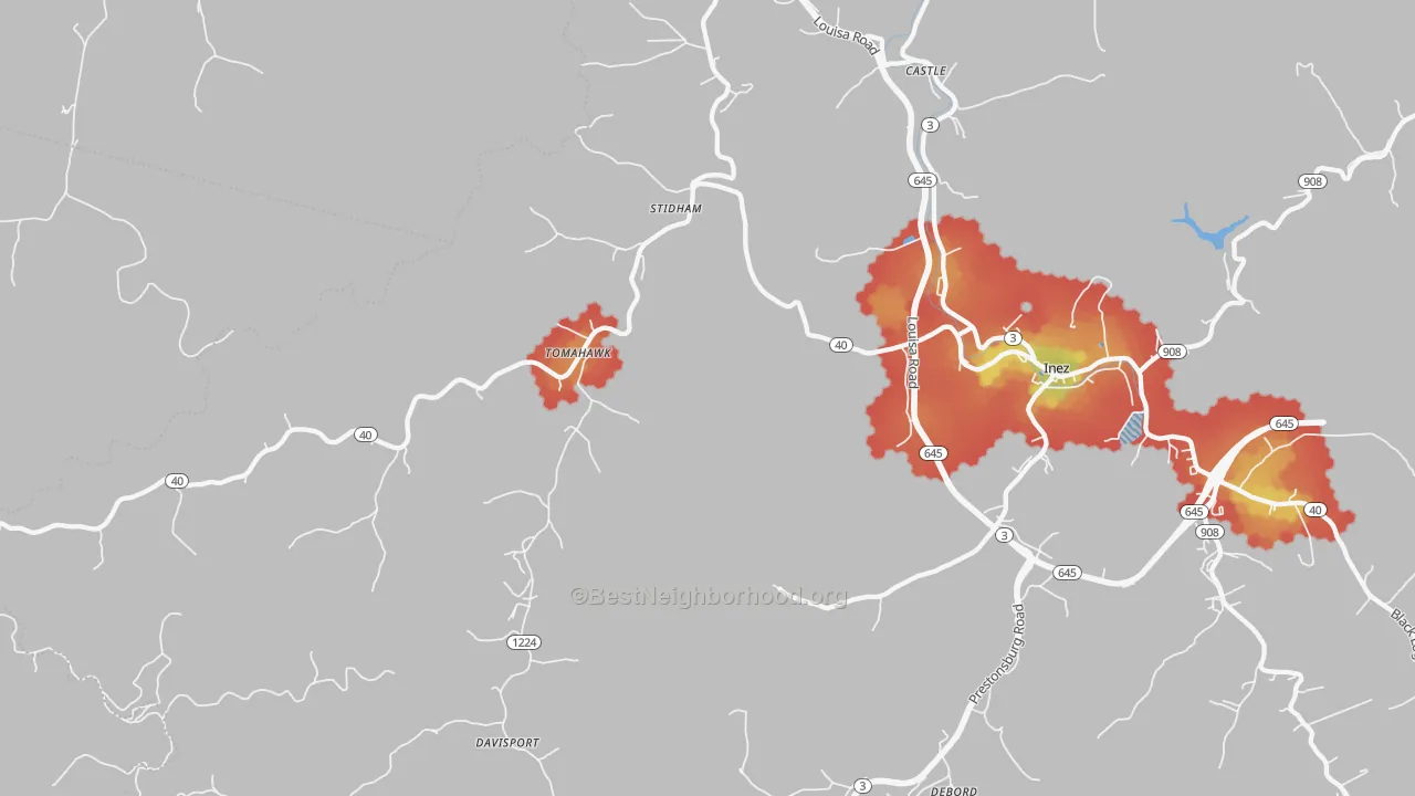 Walk Grade map of Tomahawk, KY, walkable areas in green and car-dependent areas in red