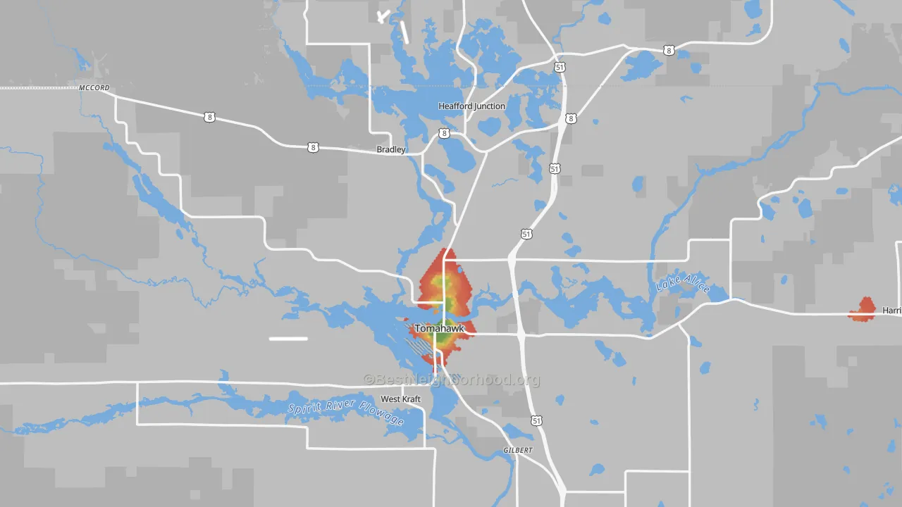 Walk Grade map of Tomahawk, WI, walkable areas in green and car-dependent areas in red