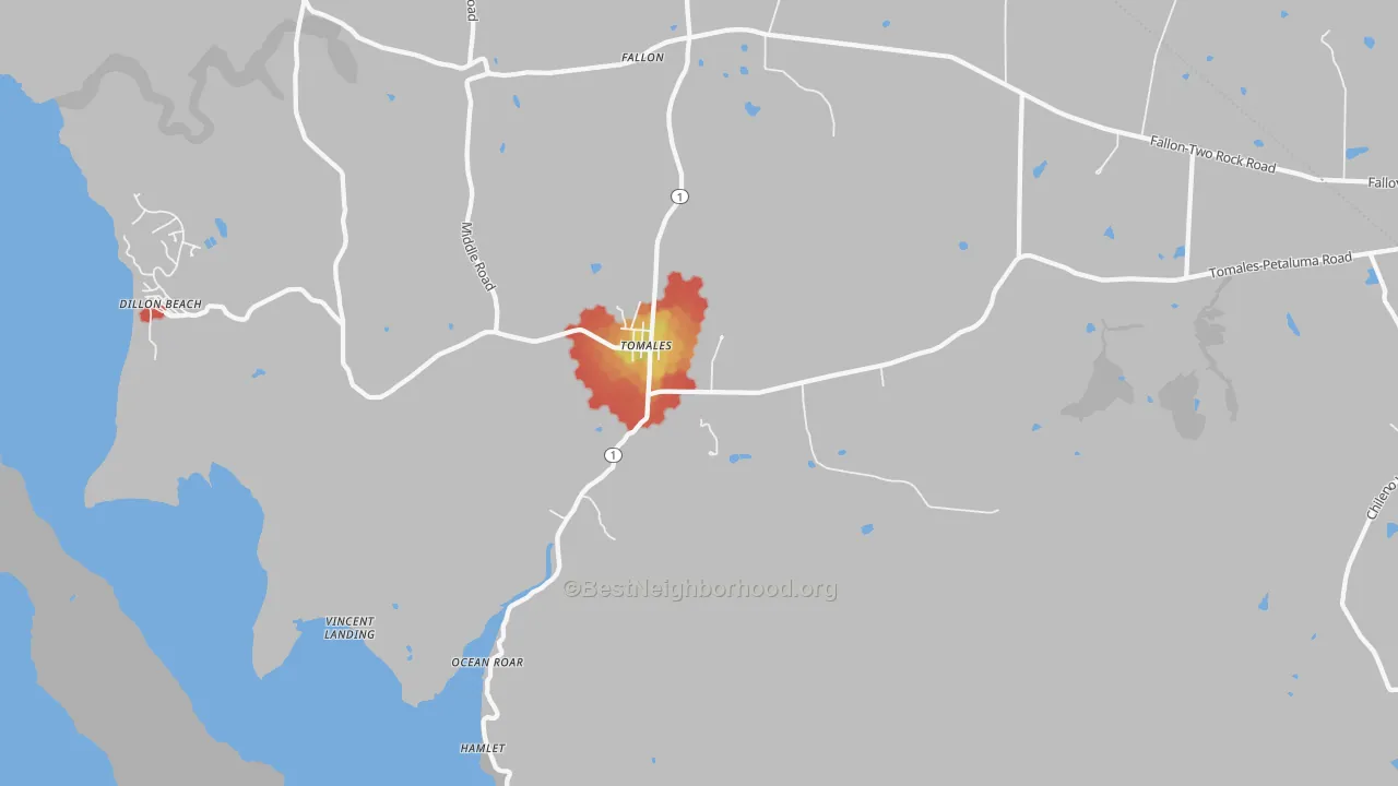 Walk Grade map of Tomales, CA, walkable areas in green and car-dependent areas in red