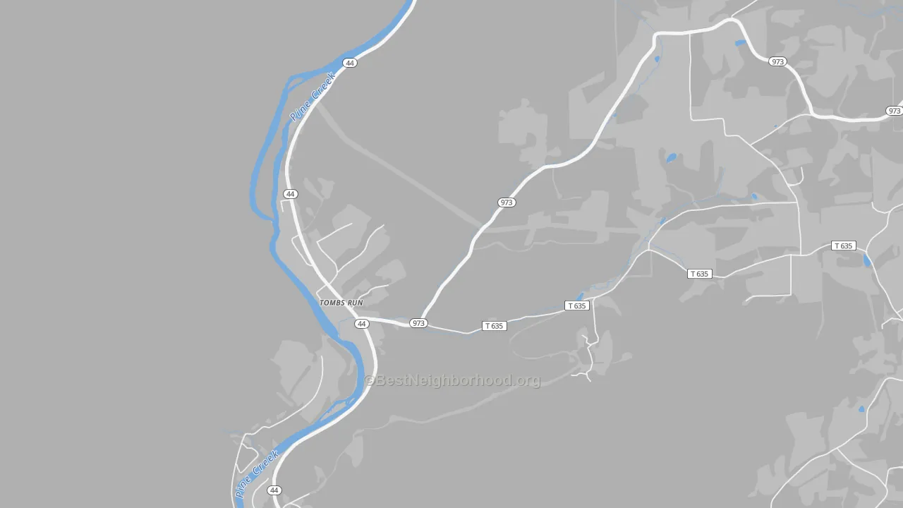 Walk Grade map of Tomb, PA, walkable areas in green and car-dependent areas in red