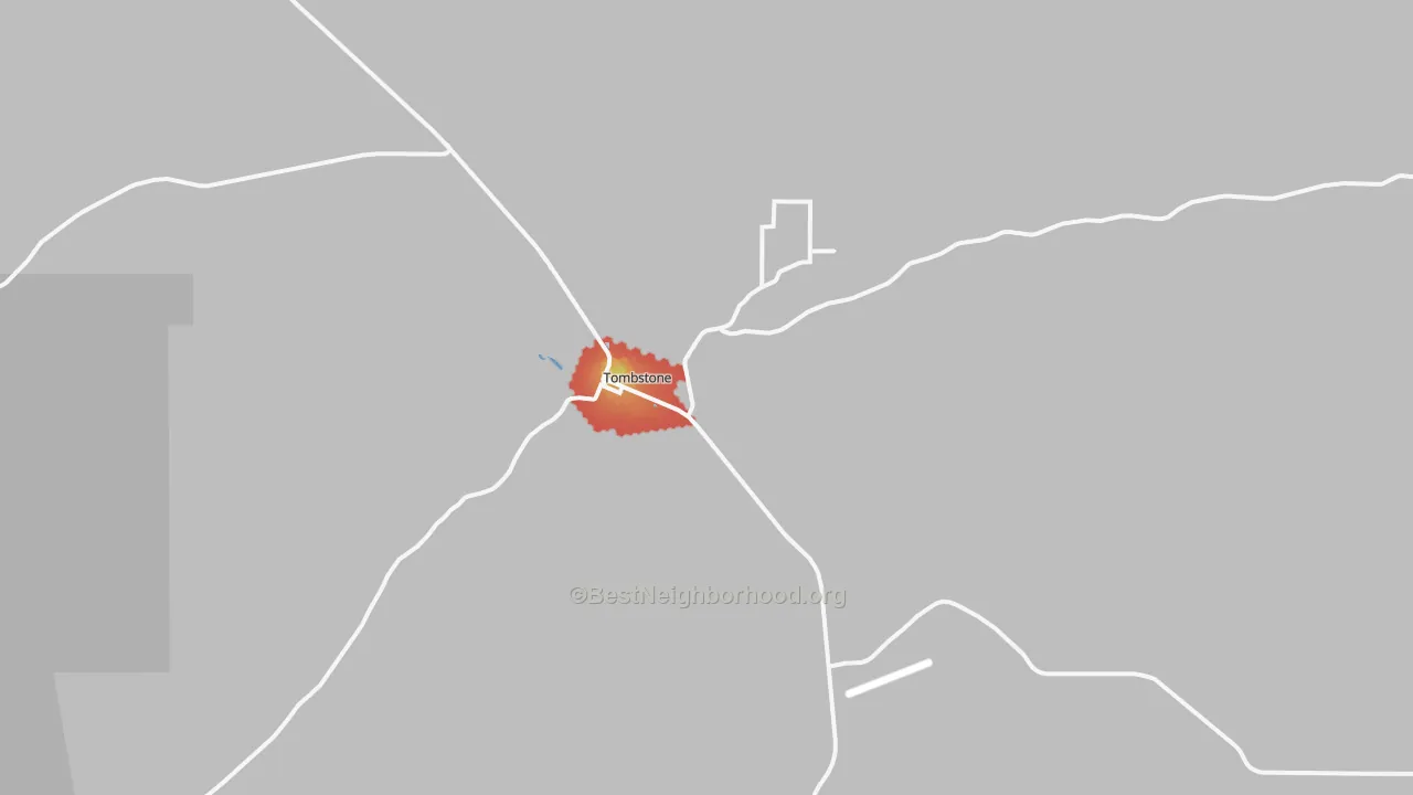 Walk Grade map of Tombstone, AZ, walkable areas in green and car-dependent areas in red