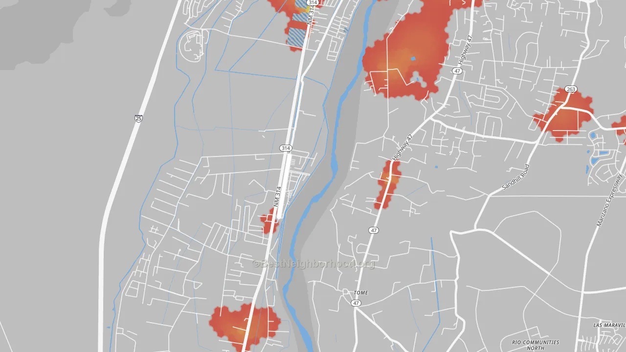 Walk Grade map of Tome, NM, walkable areas in green and car-dependent areas in red