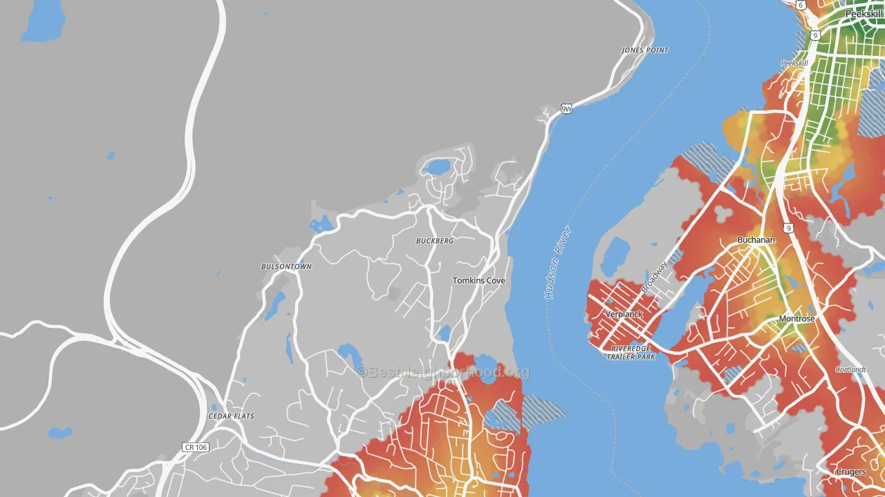 Walk Grade map of Tomkins Cove, NY, walkable areas in green and car-dependent areas in red