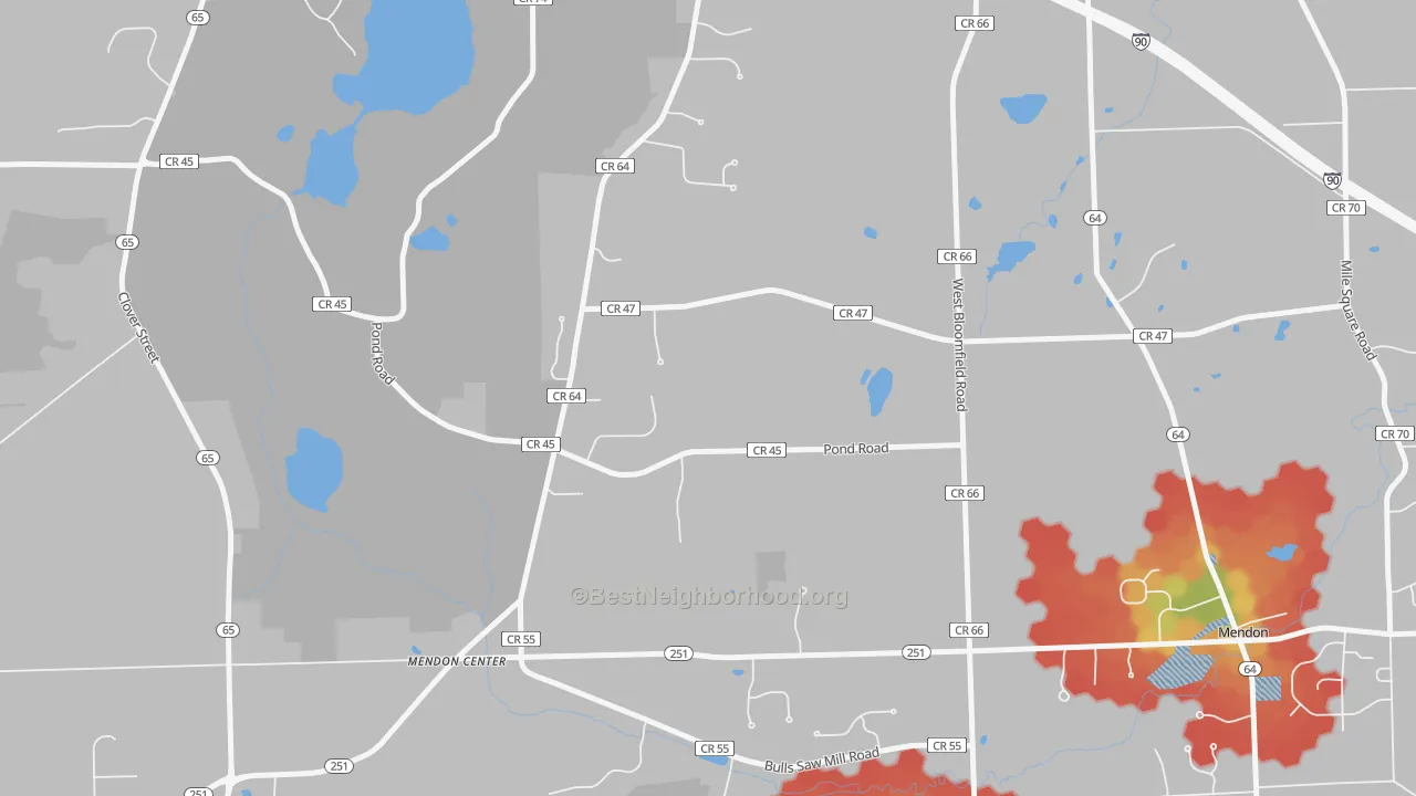 Walk Grade map of Tomlinson Corners, NY, walkable areas in green and car-dependent areas in red