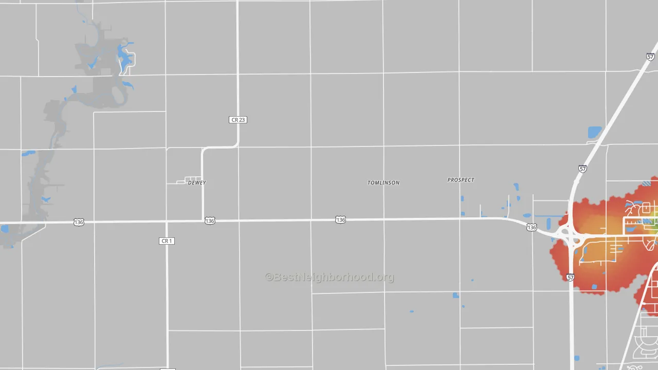 Walk Grade map of Tomlinson, IL, walkable areas in green and car-dependent areas in red