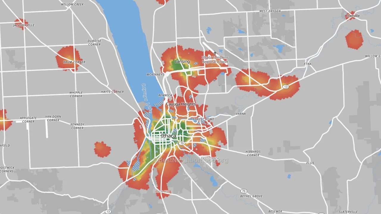 Walk Grade map of Tompkins County, NY, walkable areas in green and car-dependent areas in red