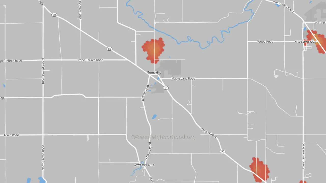 Walk Grade map of Tompkins, MI, walkable areas in green and car-dependent areas in red