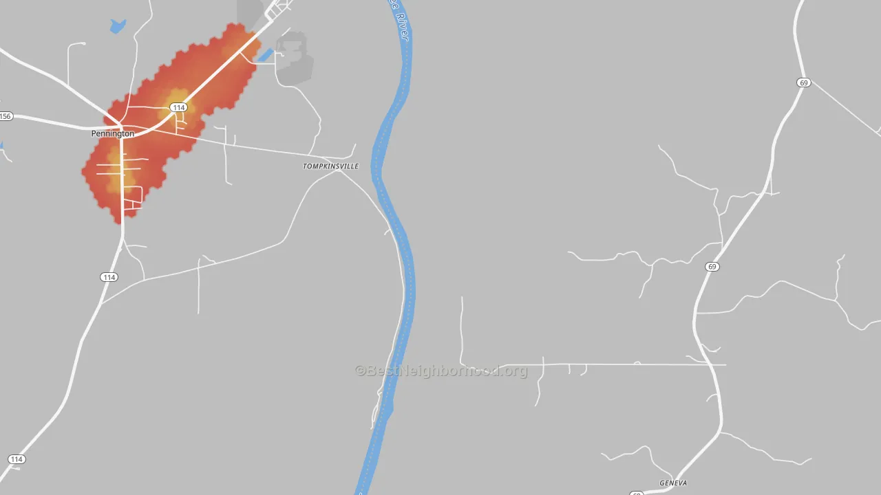 Walk Grade map of Tompkinsville, AL, walkable areas in green and car-dependent areas in red
