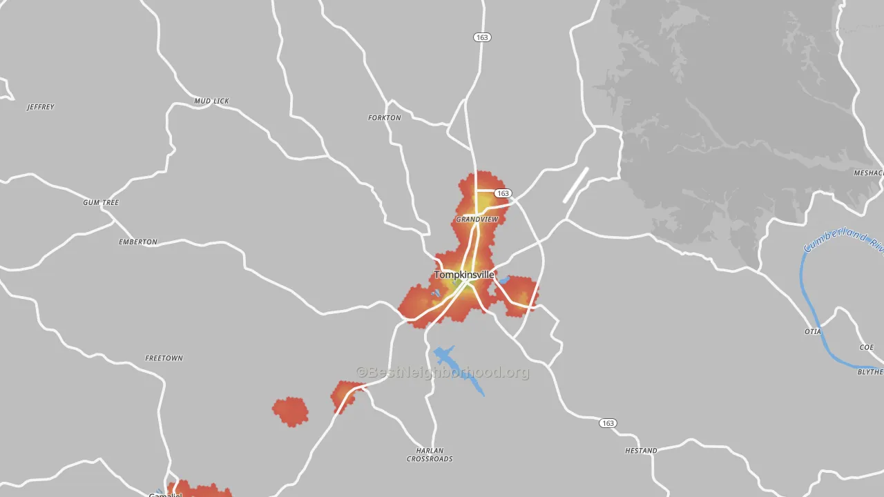 Walk Grade map of Tompkinsville, KY, walkable areas in green and car-dependent areas in red