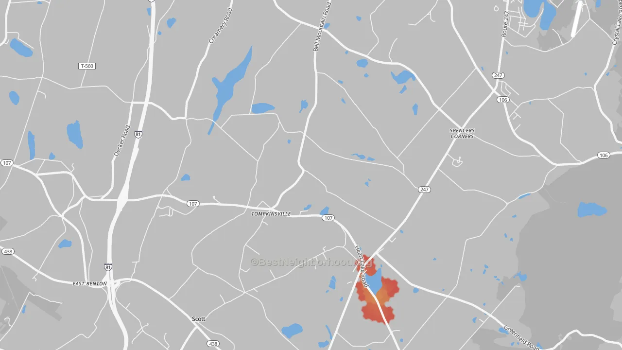 Walk Grade map of Tompkinsville, PA, walkable areas in green and car-dependent areas in red