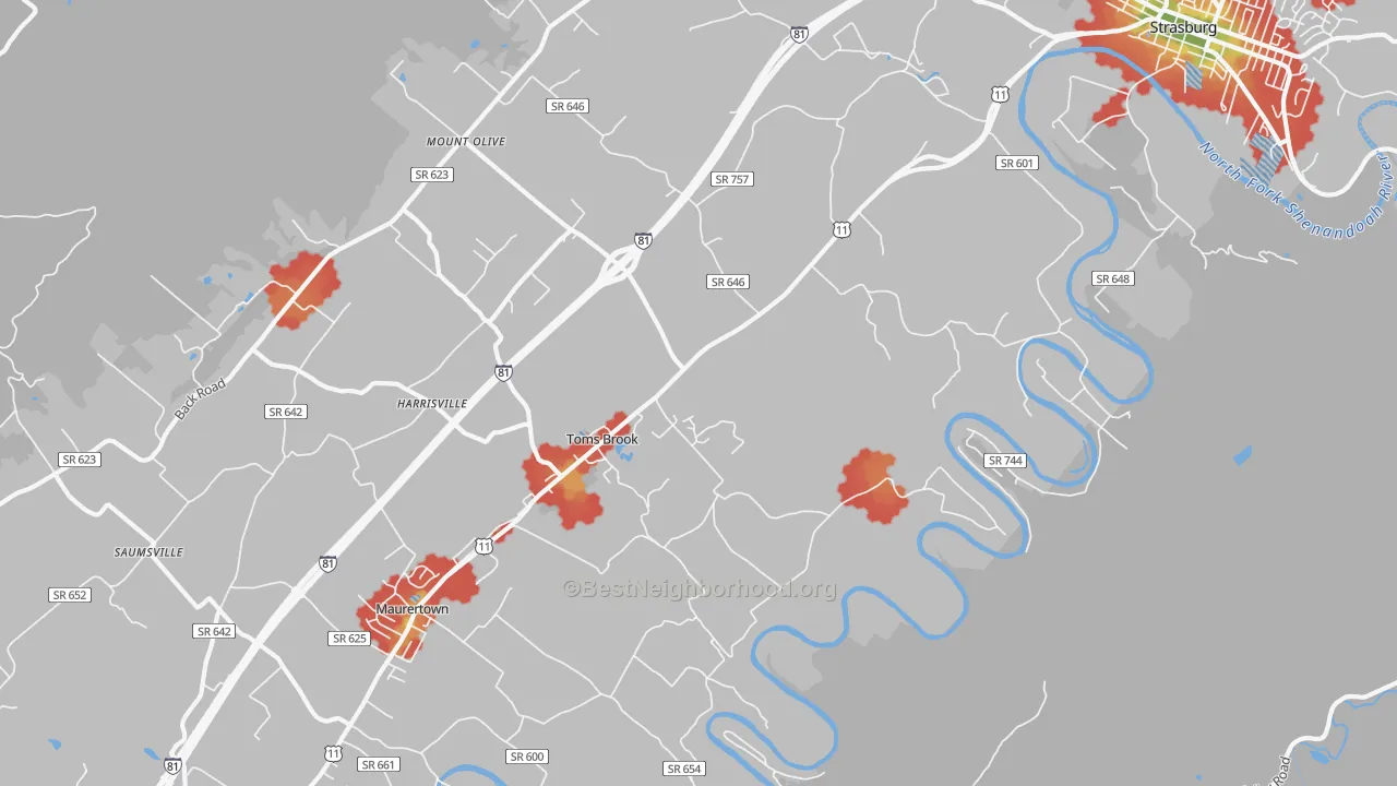 Walk Grade map of Toms Brook, VA, walkable areas in green and car-dependent areas in red