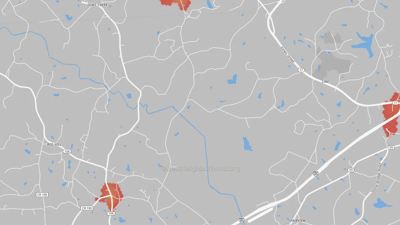 Walk Grade map of Toms Creek, GA, walkable areas in green and car-dependent areas in red