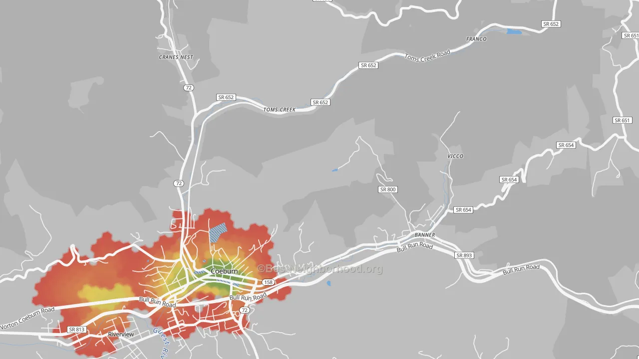 Walk Grade map of Toms Creek, VA, walkable areas in green and car-dependent areas in red