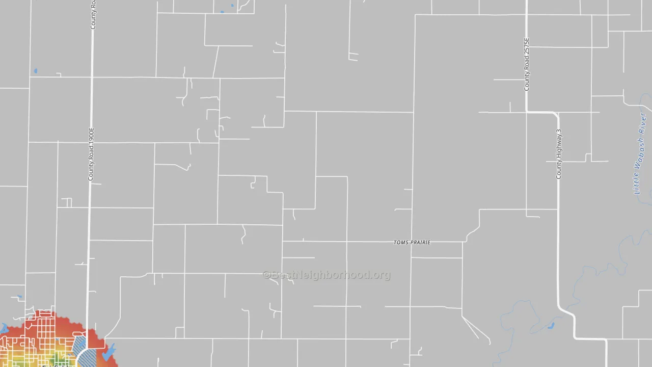 Walk Grade map of Toms Prairie, IL, walkable areas in green and car-dependent areas in red