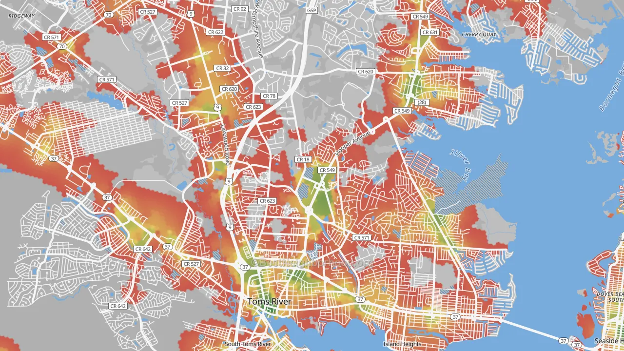 Walk Grade map of Toms River, NJ, walkable areas in green and car-dependent areas in red
