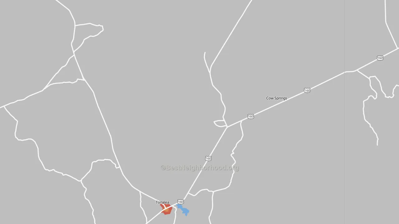 Walk Grade map of Tonalea, AZ, walkable areas in green and car-dependent areas in red