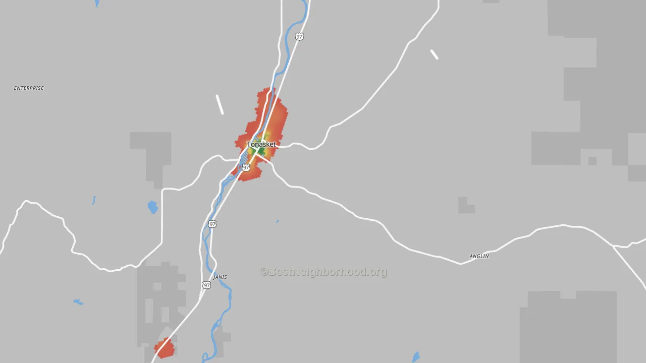 Walk Grade map of Tonasket, WA, walkable areas in green and car-dependent areas in red