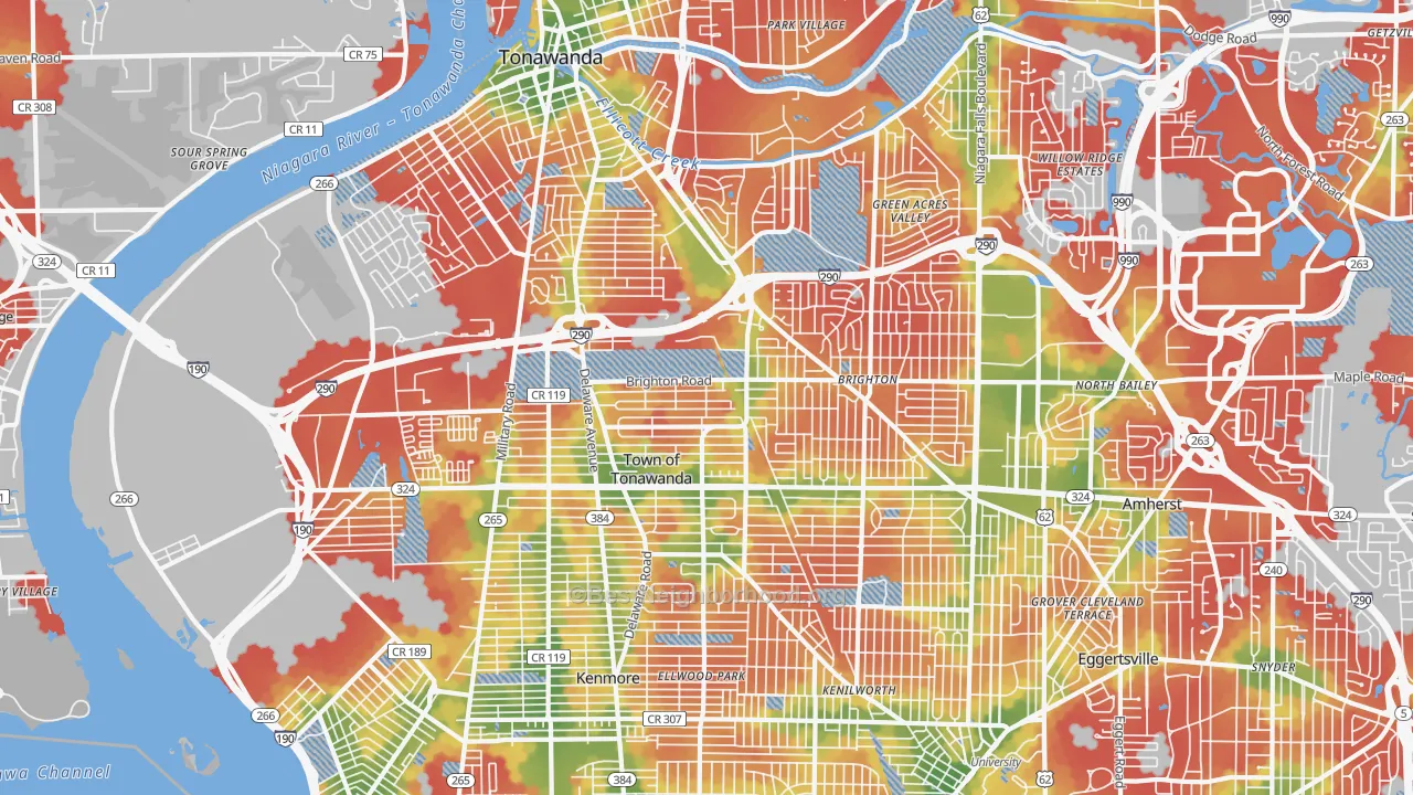 Walk Grade map of Tonawanda, NY, walkable areas in green and car-dependent areas in red
