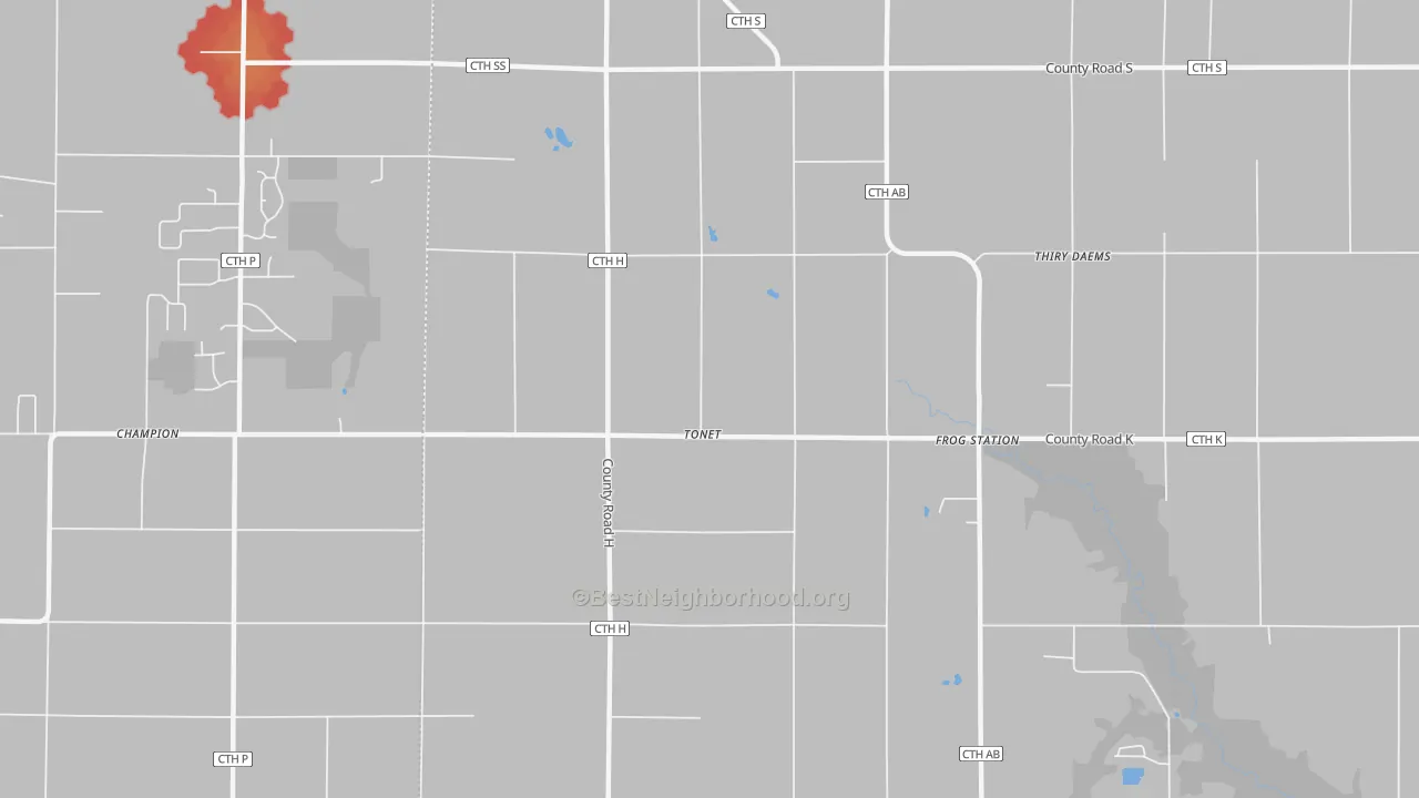 Walk Grade map of Tonet, WI, walkable areas in green and car-dependent areas in red