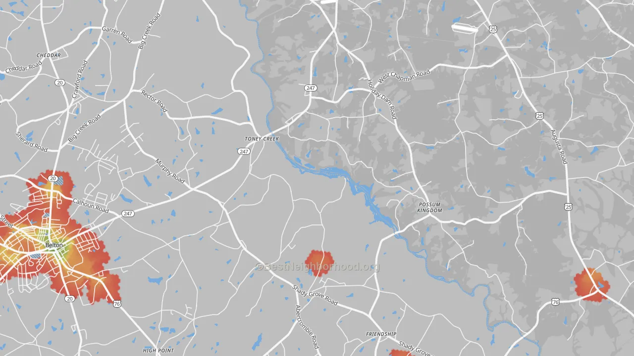 Walk Grade map of Toney Creek, SC, walkable areas in green and car-dependent areas in red