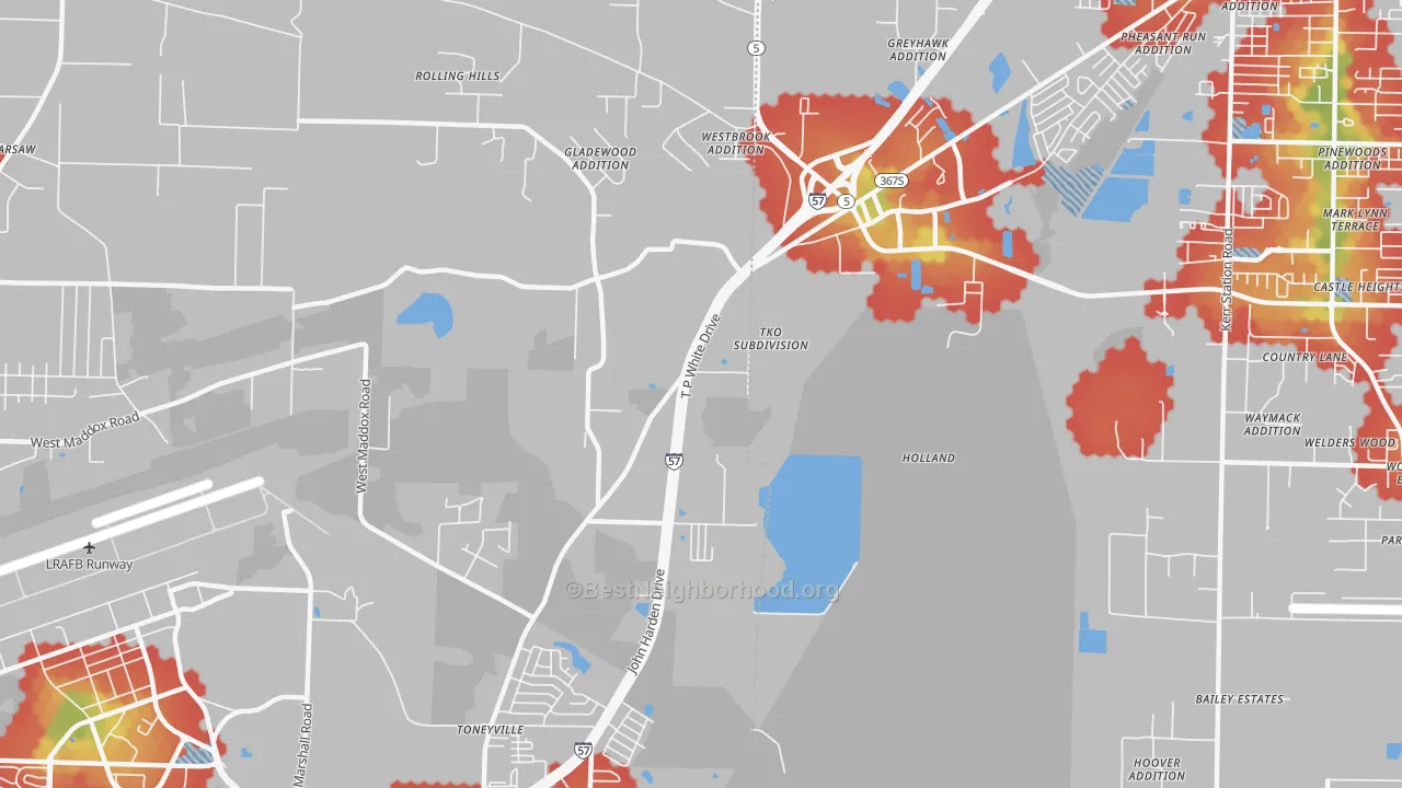 Walk Grade map of Toneyville, AR, walkable areas in green and car-dependent areas in red