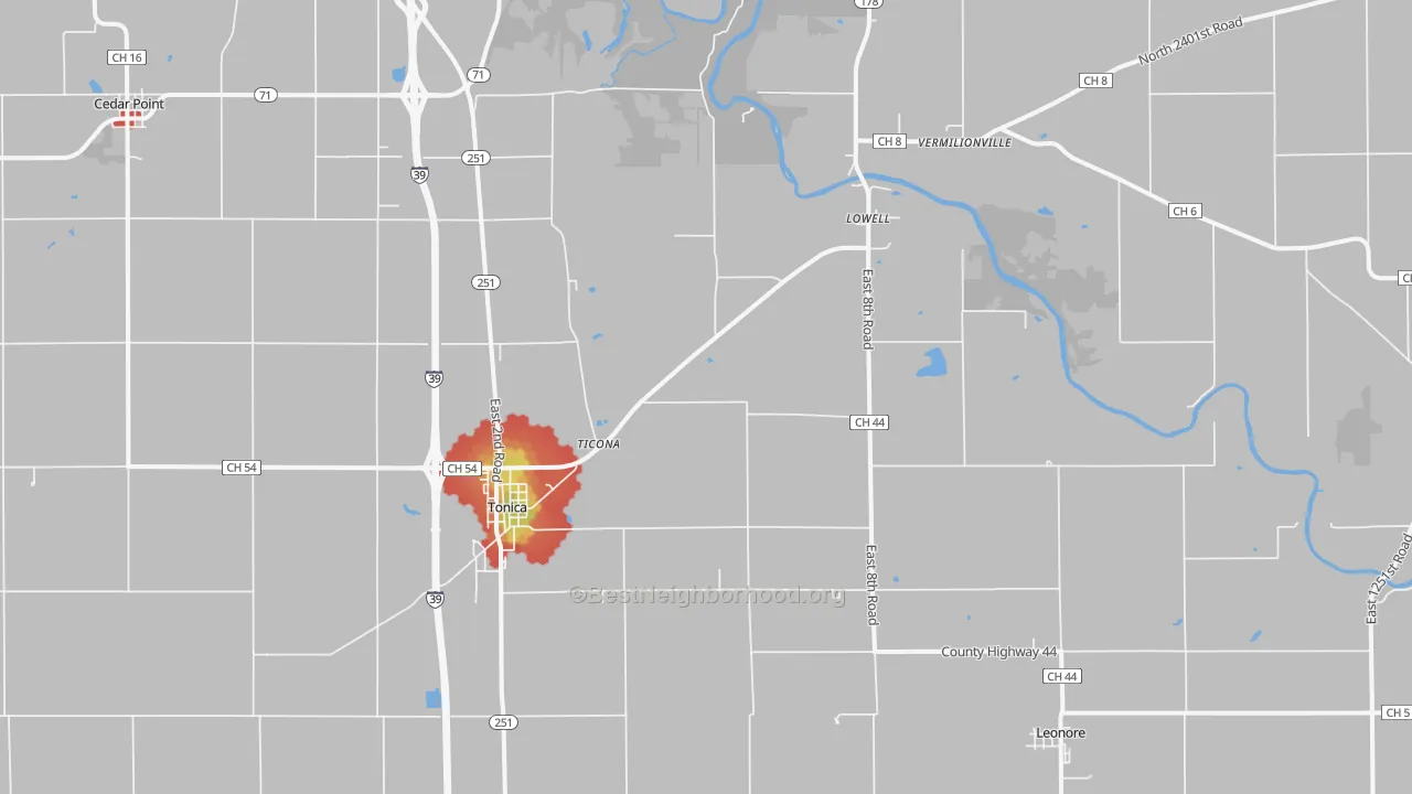 Walk Grade map of Tonica, IL, walkable areas in green and car-dependent areas in red